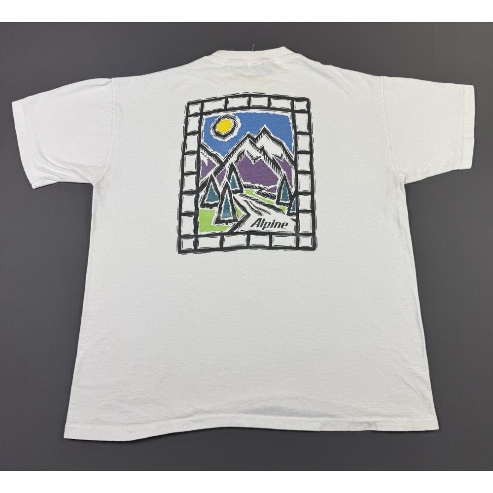 Rare Vintage 90s Alpine Outdoor Mountains Art White Pocket Tee XL USA Made